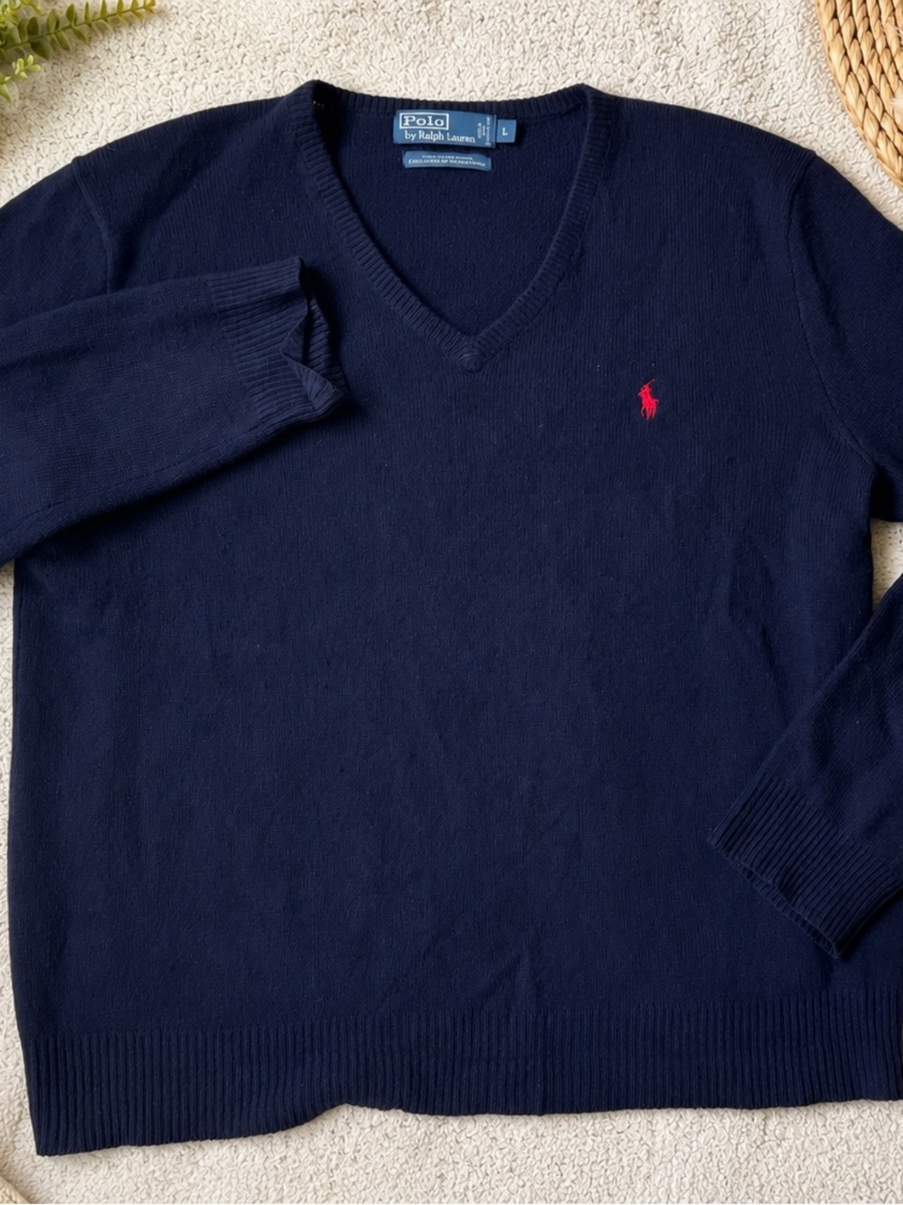 Ralph Lauren Men's Navy V-Neck Sweater with Red Pony Logo